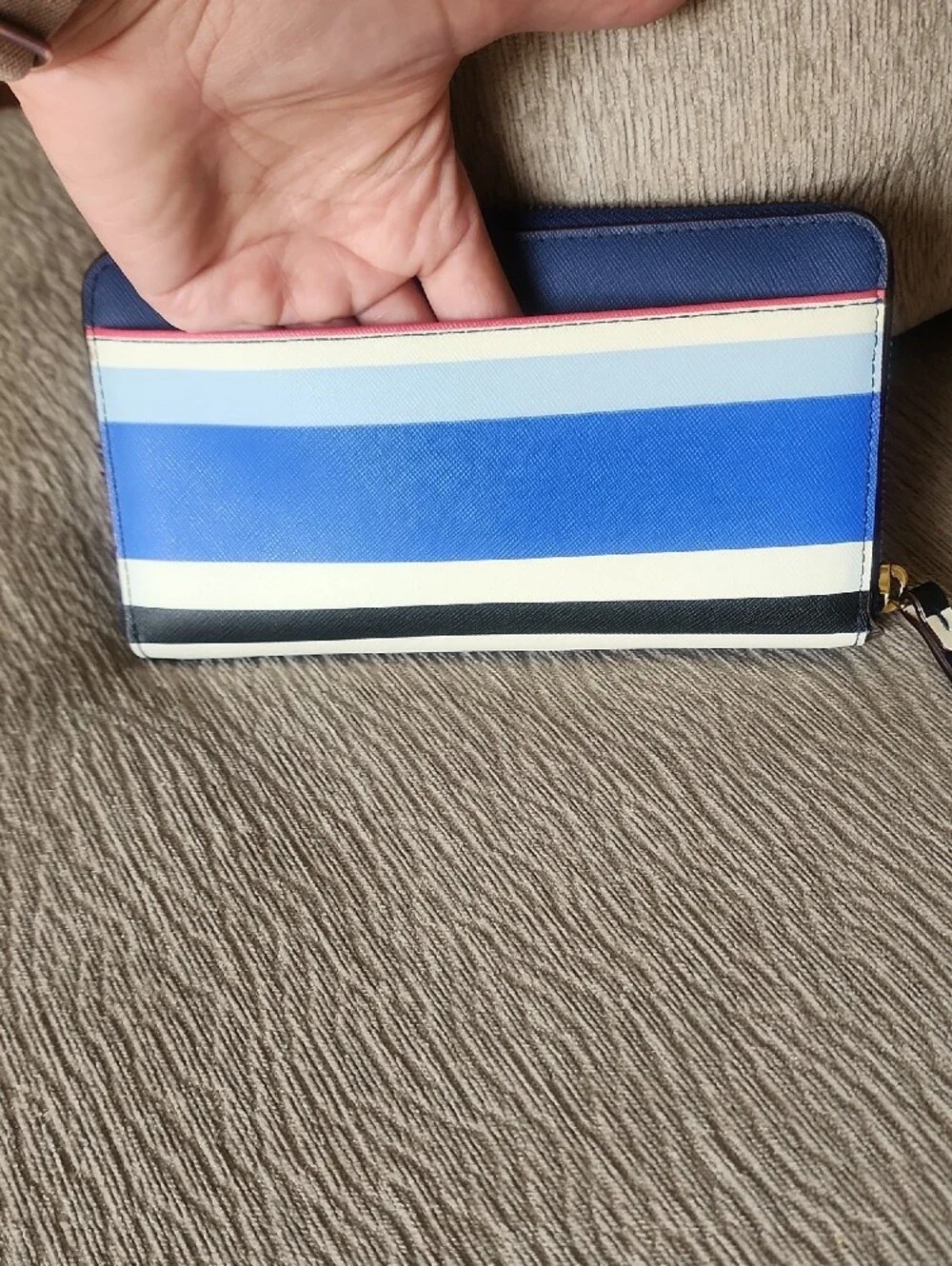 Kate Spade Blue, Light Blue, White & Red Striped Zip Wallet